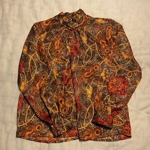 Heritage Road Shirt Womens 12 Brown Paisley Baroque Scarf Print Blouse Top